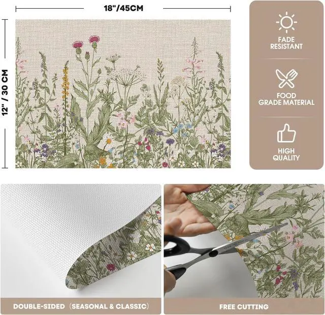 Alt view image 5 of 7 - Artoid Mode Wildflower Vinyl Placemats Set of 4, Washable Non-Slip Plastic PVC Table Mats for Spring Party Kitchen Dining Decor, 12x18 Inch
