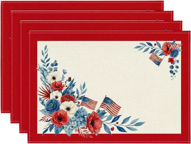 Main image of Artoid Mode Red Border Flag Flowers 4th of July Placemats Set of 4, 12x18 Inch Patriotic Memorial Day Table Mats for Party Kitchen Dining Decoration