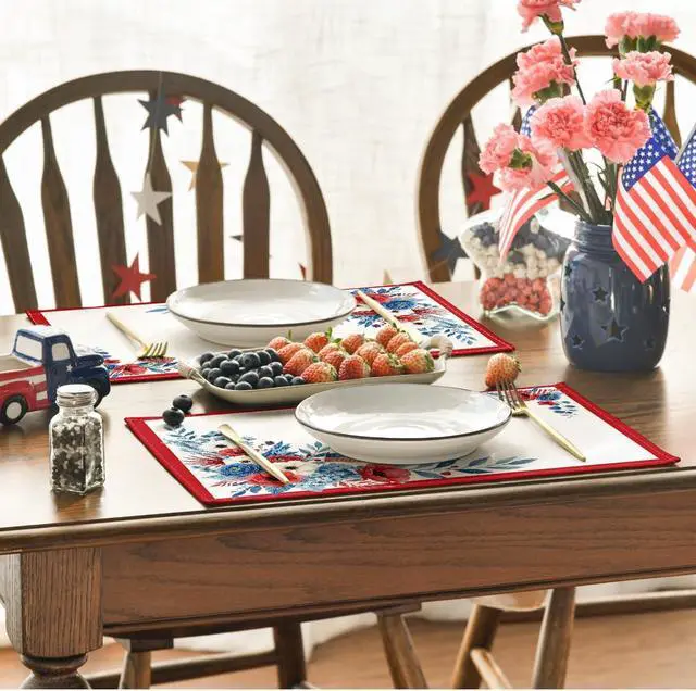 Alt view image 4 of 7 - Artoid Mode Red Border Flag Flowers 4th of July Placemats Set of 4, 12x18 Inch Patriotic Memorial Day Table Mats for Party Kitchen Dining Decoration