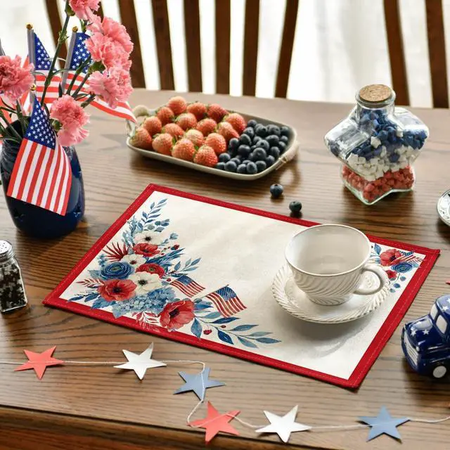 Alt view image 3 of 7 - Artoid Mode Red Border Flag Flowers 4th of July Placemats Set of 4, 12x18 Inch Patriotic Memorial Day Table Mats for Party Kitchen Dining Decoration