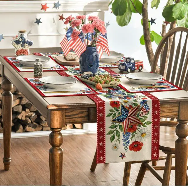 Alt view image 5 of 7 - Artoid Mode Red Border Flag Flowers 4th of July Placemats Set of 4, 12x18 Inch Patriotic Memorial Day Table Mats for Party Kitchen Dining Decoration