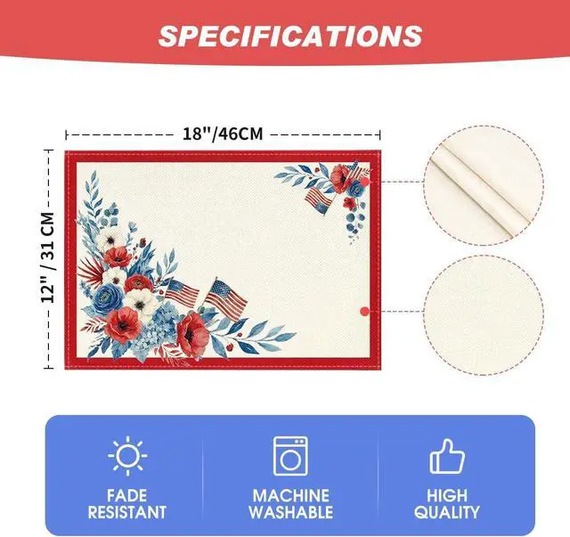 Alt view image 6 of 7 - Artoid Mode Red Border Flag Flowers 4th of July Placemats Set of 4, 12x18 Inch Patriotic Memorial Day Table Mats for Party Kitchen Dining Decoration