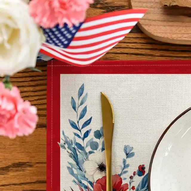 Alt view image 7 of 7 - Artoid Mode Red Border Flag Flowers 4th of July Placemats Set of 4, 12x18 Inch Patriotic Memorial Day Table Mats for Party Kitchen Dining Decoration