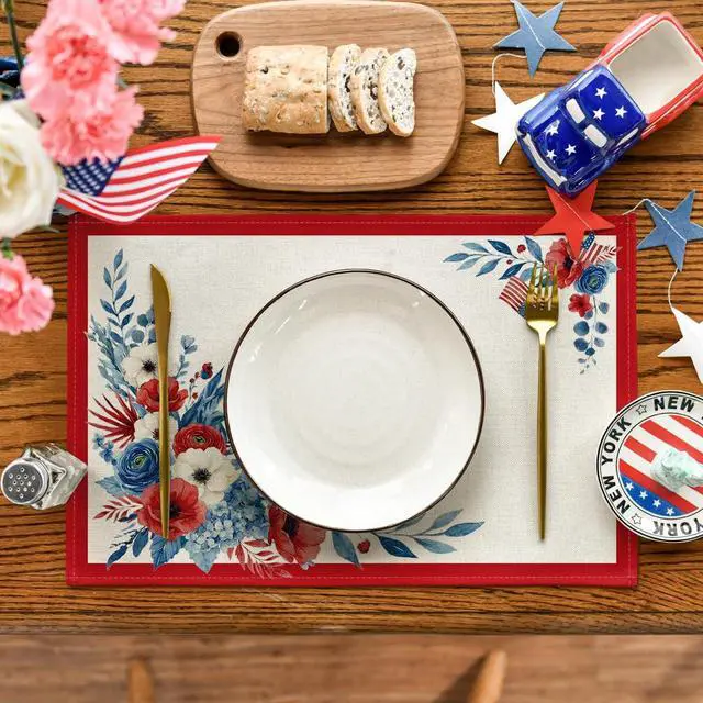 Alt view image 2 of 7 - Artoid Mode Red Border Flag Flowers 4th of July Placemats Set of 4, 12x18 Inch Patriotic Memorial Day Table Mats for Party Kitchen Dining Decoration