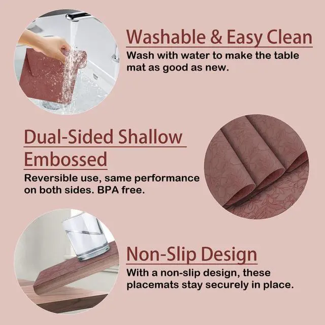 Alt view image 6 of 7 - SolaraDawn Faux Leather Placemats Set of 4 Dark Burgundy for Christmas & Valentine's Day, 17" × 12" Waterproof & Heat-Resistant Dining Place Mats, Easy Wash Clean, Wipeable & Anti-Slip Table Mats