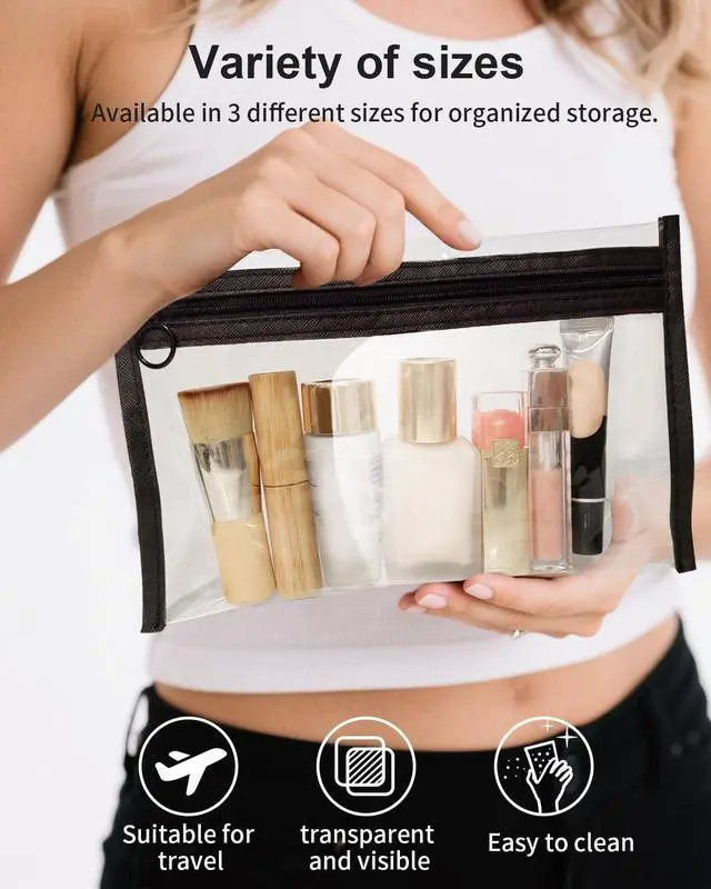 Alt view image 2 of 7 - Clear Makeup Bags, 3 Pack Small Cosmetic Toiletry Bags with Zipper, PVC Clear Travel Bags for Women and Men Travel Airport Organizing, Black