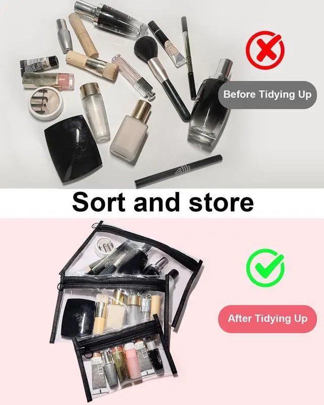 Alt view image 3 of 7 - Clear Makeup Bags, 3 Pack Small Cosmetic Toiletry Bags with Zipper, PVC Clear Travel Bags for Women and Men Travel Airport Organizing, Black