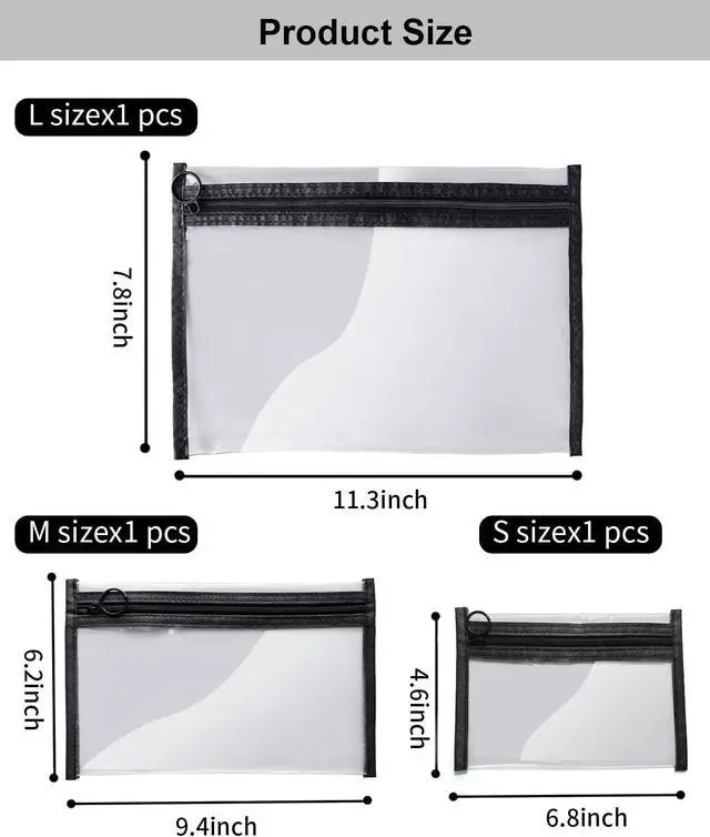 Alt view image 4 of 7 - Clear Makeup Bags, 3 Pack Small Cosmetic Toiletry Bags with Zipper, PVC Clear Travel Bags for Women and Men Travel Airport Organizing, Black