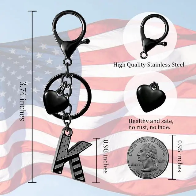 Alt view image 5 of 6 - American Flag Initial Keychain for Men Women | Stainless Steel Keychain Gift for Him, Patriot, Veterans, Easter