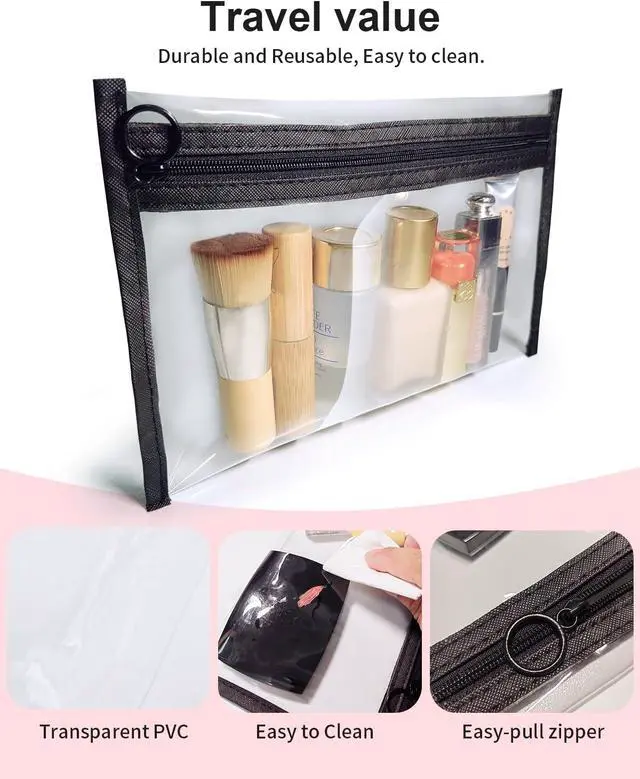 Alt view image 6 of 7 - Clear Makeup Bags, 3 Pack Small Cosmetic Toiletry Bags with Zipper, PVC Clear Travel Bags for Women and Men Travel Airport Organizing, Black