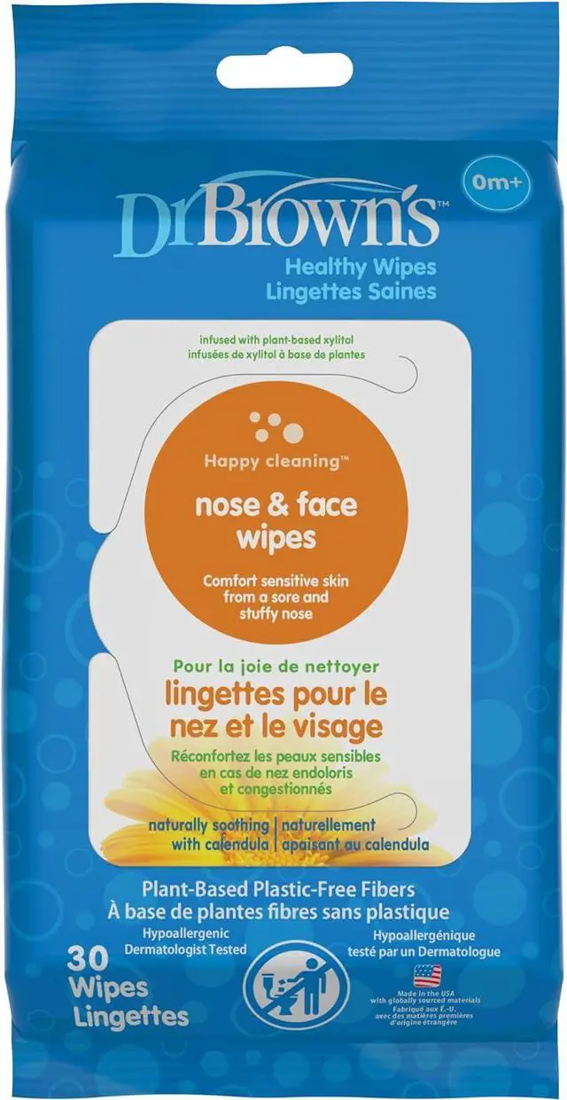 Main image of Dr. Brown's Nose and Face Healthy Wipes, Safe Cleaning and Moisturizing for Babies and Toddlers, Hypoallergenic for Sensitive Skin, 30 count, 1-Pack (Packaging May Vary)