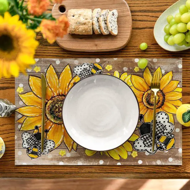 Alt view image 2 of 7 - Artoid Mode Wood Sunflower Bee Flower Polka Dot Summer Placemats Set of 4, 12x18 Inch Table Mats for Table Runner Party Kitchen Dining Decoration