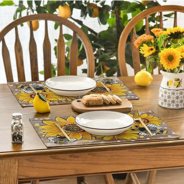 Alt view image 4 of 7 - Artoid Mode Wood Sunflower Bee Flower Polka Dot Summer Placemats Set of 4, 12x18 Inch Table Mats for Table Runner Party Kitchen Dining Decoration