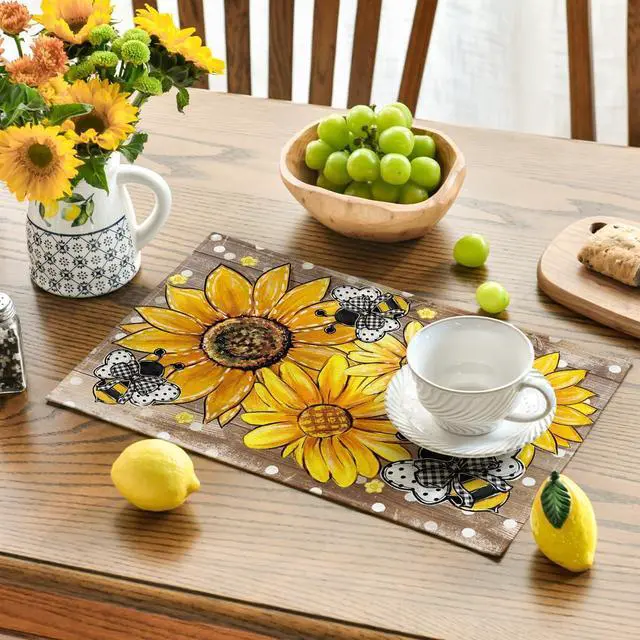 Alt view image 3 of 7 - Artoid Mode Wood Sunflower Bee Flower Polka Dot Summer Placemats Set of 4, 12x18 Inch Table Mats for Table Runner Party Kitchen Dining Decoration