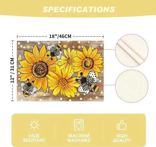 Alt view image 6 of 7 - Artoid Mode Wood Sunflower Bee Flower Polka Dot Summer Placemats Set of 4, 12x18 Inch Table Mats for Table Runner Party Kitchen Dining Decoration