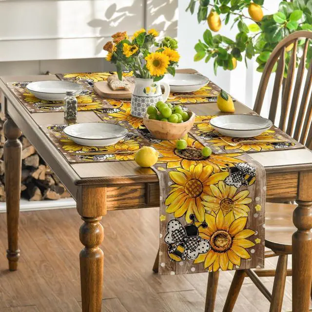 Alt view image 5 of 7 - Artoid Mode Wood Sunflower Bee Flower Polka Dot Summer Placemats Set of 4, 12x18 Inch Table Mats for Table Runner Party Kitchen Dining Decoration