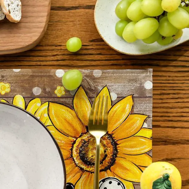 Alt view image 7 of 7 - Artoid Mode Wood Sunflower Bee Flower Polka Dot Summer Placemats Set of 4, 12x18 Inch Table Mats for Table Runner Party Kitchen Dining Decoration