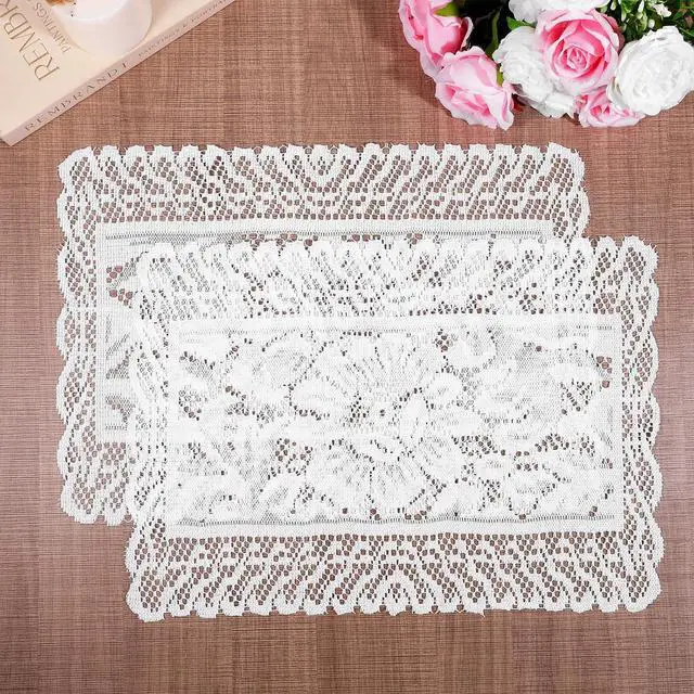 Main image of White Rectangle Lace Placemats for Tables, 2 PCS White Lace Placemats | Vintage Laces Tablemats Embroidered Crochet Placemat Cloth Laces Floral Table Runner for Cabinets Dining Tables, 12x17 Inch