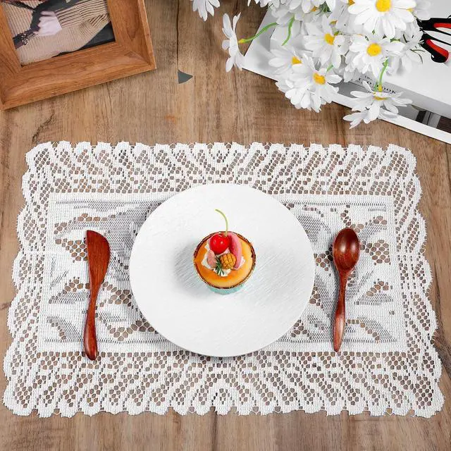 Alt view image 2 of 7 - White Rectangle Lace Placemats for Tables, 2 PCS White Lace Placemats | Vintage Laces Tablemats Embroidered Crochet Placemat Cloth Laces Floral Table Runner for Cabinets Dining Tables, 12x17 Inch