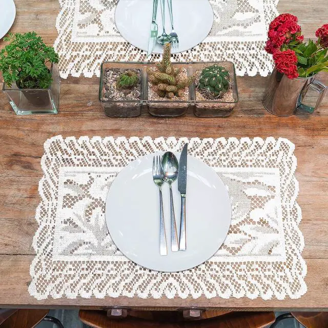 Alt view image 5 of 7 - White Rectangle Lace Placemats for Tables, 2 PCS White Lace Placemats | Vintage Laces Tablemats Embroidered Crochet Placemat Cloth Laces Floral Table Runner for Cabinets Dining Tables, 12x17 Inch