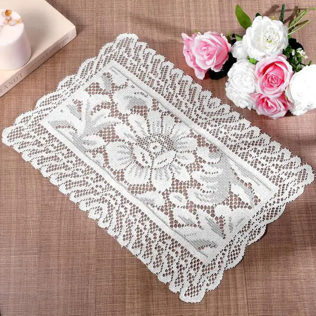 Alt view image 7 of 7 - White Rectangle Lace Placemats for Tables, 2 PCS White Lace Placemats | Vintage Laces Tablemats Embroidered Crochet Placemat Cloth Laces Floral Table Runner for Cabinets Dining Tables, 12x17 Inch