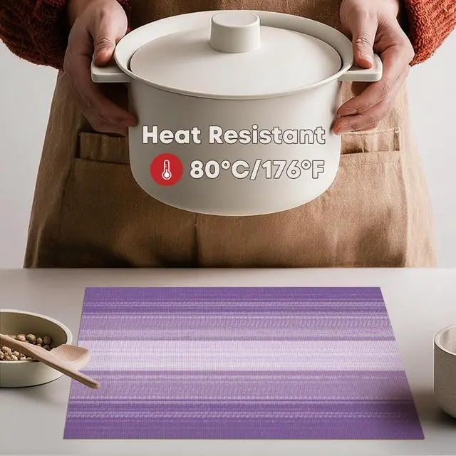 Alt view image 3 of 7 - Artoid Mode Purple Gradient Stripes Placemats Set of 4, Washable Heat Resistant Non-Slip Woven Plastic Mardi Gras PVC Place Mats for Farmhouse Party Kitchen Dining Decor
