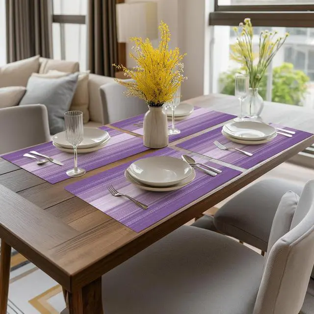 Alt view image 5 of 7 - Artoid Mode Purple Gradient Stripes Placemats Set of 4, Washable Heat Resistant Non-Slip Woven Plastic Mardi Gras PVC Place Mats for Farmhouse Party Kitchen Dining Decor