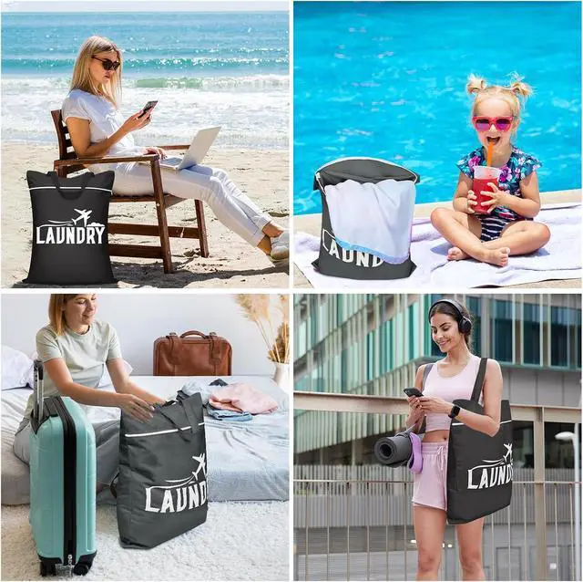 Alt view image 5 of 7 - 2 Pcs Large Travel Laundry Bags - Washable Waterproof Wet Dry Bags for Dirty Clothes, Swimsuits, Gym Clothes, Laundry, Swimming Pool, Yoga, College Dorm (Black+Grey)