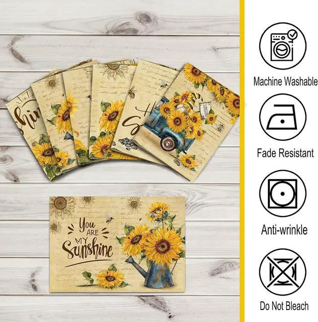 Alt view image 2 of 6 - pinata Sunflower Linen Square Summer Spring Placemats Set of 6 | Sunflower Table Decor, Vintage Summer Washable Table Mats, Gnome, Truck, Farmhouse, Indoor, Outdoor, Party Dining Decoration