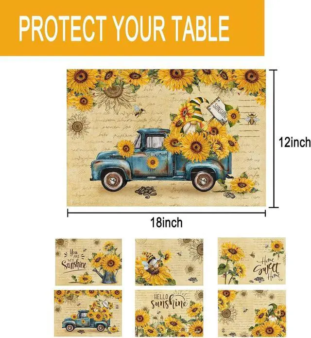 Alt view image 3 of 6 - pinata Sunflower Linen Square Summer Spring Placemats Set of 6 | Sunflower Table Decor, Vintage Summer Washable Table Mats, Gnome, Truck, Farmhouse, Indoor, Outdoor, Party Dining Decoration