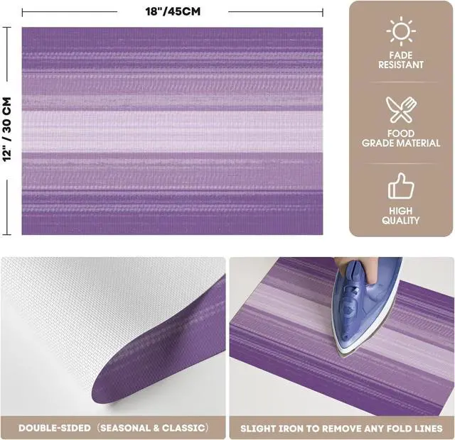Alt view image 6 of 7 - Artoid Mode Purple Gradient Stripes Placemats Set of 4, Washable Heat Resistant Non-Slip Woven Plastic Mardi Gras PVC Place Mats for Farmhouse Party Kitchen Dining Decor