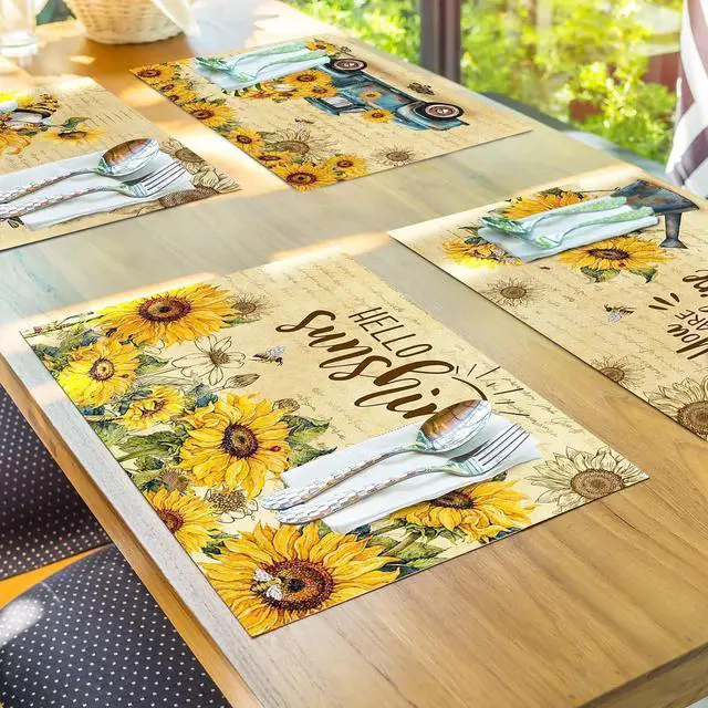Alt view image 4 of 6 - pinata Sunflower Linen Square Summer Spring Placemats Set of 6 | Sunflower Table Decor, Vintage Summer Washable Table Mats, Gnome, Truck, Farmhouse, Indoor, Outdoor, Party Dining Decoration