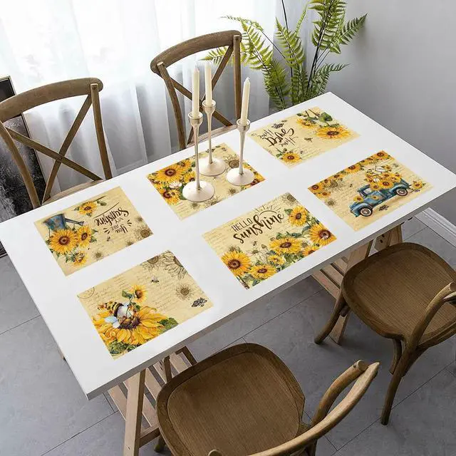 Alt view image 5 of 6 - pinata Sunflower Linen Square Summer Spring Placemats Set of 6 | Sunflower Table Decor, Vintage Summer Washable Table Mats, Gnome, Truck, Farmhouse, Indoor, Outdoor, Party Dining Decoration
