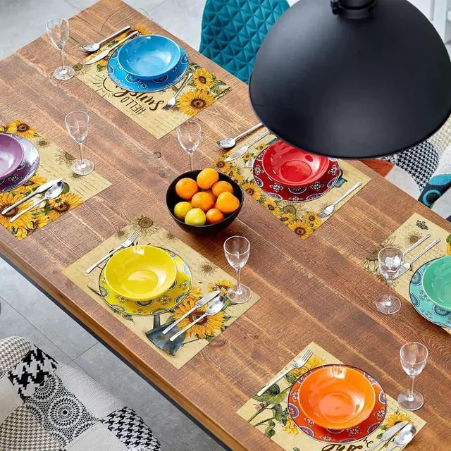 Alt view image 6 of 6 - pinata Sunflower Linen Square Summer Spring Placemats Set of 6 | Sunflower Table Decor, Vintage Summer Washable Table Mats, Gnome, Truck, Farmhouse, Indoor, Outdoor, Party Dining Decoration
