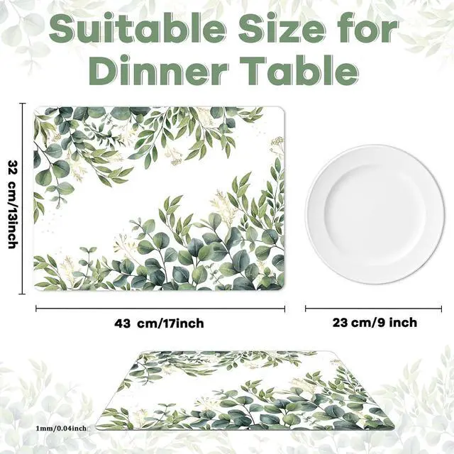 Alt view image 2 of 7 - Eucalyptus Leaves Placemat Set of 6 Seasonal Summer Plastic Table Mats Spring Green Leaves Themed Place Mats Rustic Vintage Table Decoration for Indoor Outdoor Party Kitchen Dining