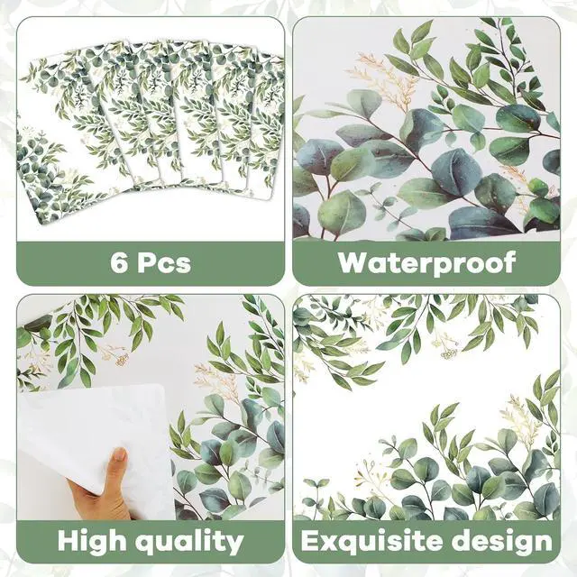 Alt view image 3 of 7 - Eucalyptus Leaves Placemat Set of 6 Seasonal Summer Plastic Table Mats Spring Green Leaves Themed Place Mats Rustic Vintage Table Decoration for Indoor Outdoor Party Kitchen Dining