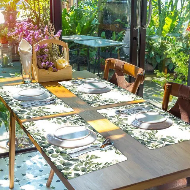 Alt view image 5 of 7 - Eucalyptus Leaves Placemat Set of 6 Seasonal Summer Plastic Table Mats Spring Green Leaves Themed Place Mats Rustic Vintage Table Decoration for Indoor Outdoor Party Kitchen Dining