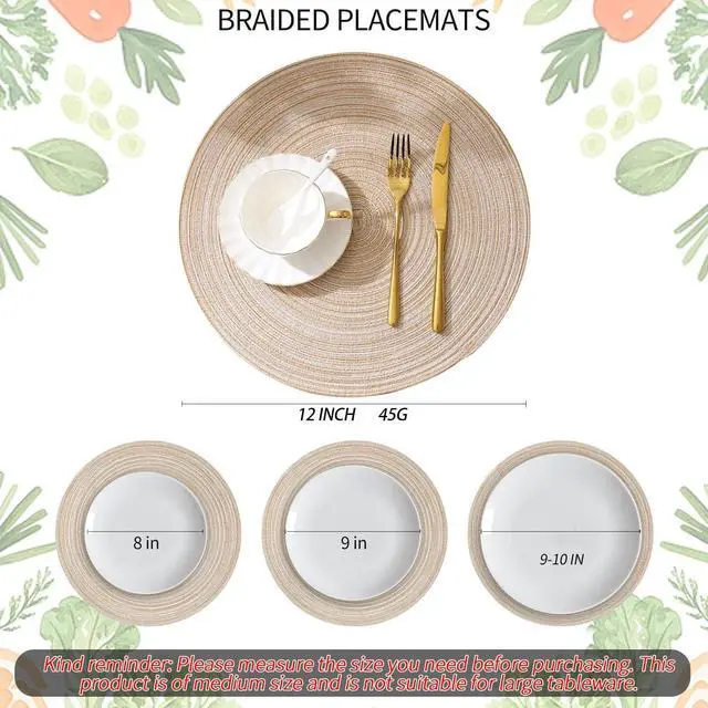 Alt view image 3 of 6 - 12 Inch Round Braided Placemats Set of 4,Washable Heat Resistant Cotton Polyester Circle Place Mats for Kitchen Dinner Party Table Decoration,Suitable for Plates Under 10 inches(Beige Medium Size)