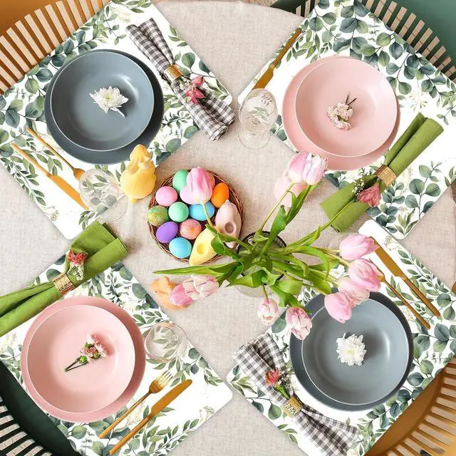 Alt view image 7 of 7 - Eucalyptus Leaves Placemat Set of 6 Seasonal Summer Plastic Table Mats Spring Green Leaves Themed Place Mats Rustic Vintage Table Decoration for Indoor Outdoor Party Kitchen Dining