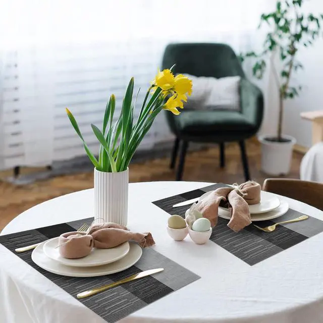 Alt view image 4 of 7 - HeloHo Black Placemats Set of 4 Heat-Resistant Washable Place Mats Non-Slip Vinyl Woven Table Mats Wipeable Placemat for Kitchen Dining Table Decoration Indoor Outdoor