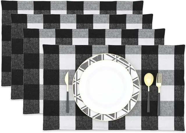 Main image of Black & White 2 Side Cotton Buffalo Check Placemats Set of 4 Heat Resistant Dining Table Place Mats for Kitchen Table, 12 x 18 inches