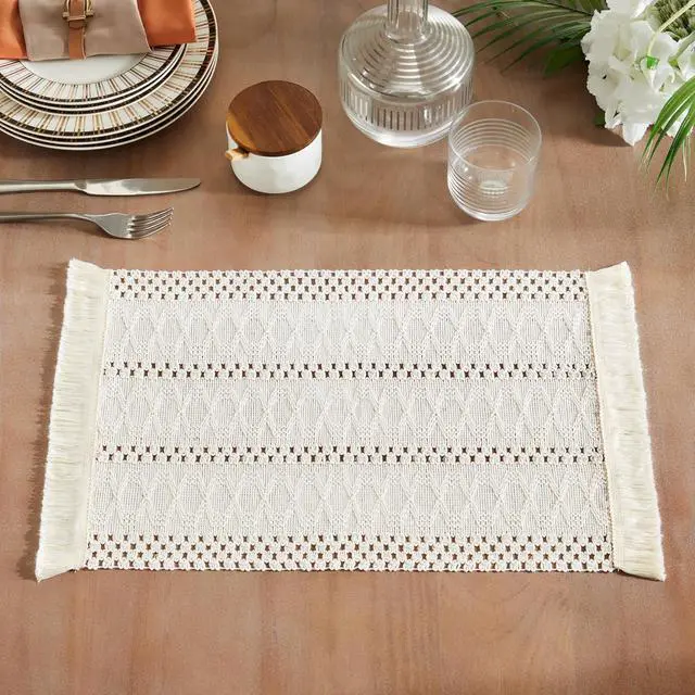 Alt view image 2 of 7 - ZeeMart Macrame Style Boho Placemats Set of 4, Ivory 12x20 Inch | Decorative Farmhouse Table Mats, Natural Cotton Woven Place Mats, Bohemian Home Decor for Kitchen Dining Table
