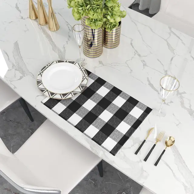 Alt view image 6 of 7 - Black & White 2 Side Cotton Buffalo Check Placemats Set of 4 Heat Resistant Dining Table Place Mats for Kitchen Table, 12 x 18 inches