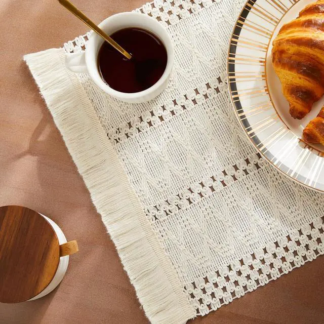 Main image of ZeeMart Macrame Style Boho Placemats Set of 4, Ivory 12x20 Inch | Decorative Farmhouse Table Mats, Natural Cotton Woven Place Mats, Bohemian Home Decor for Kitchen Dining Table