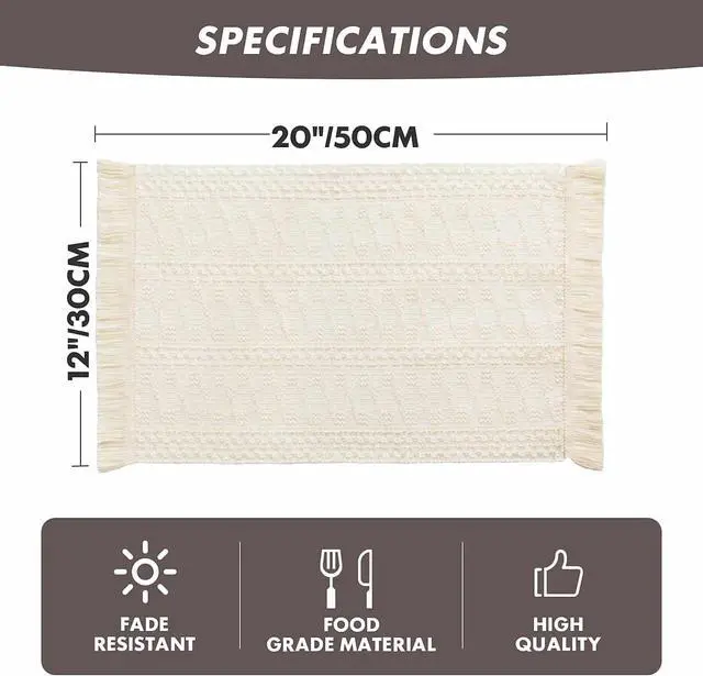 Alt view image 5 of 7 - ZeeMart Macrame Style Boho Placemats Set of 4, Ivory 12x20 Inch | Decorative Farmhouse Table Mats, Natural Cotton Woven Place Mats, Bohemian Home Decor for Kitchen Dining Table