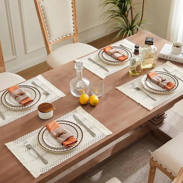 Alt view image 3 of 7 - ZeeMart Macrame Style Boho Placemats Set of 4, Ivory 12x20 Inch | Decorative Farmhouse Table Mats, Natural Cotton Woven Place Mats, Bohemian Home Decor for Kitchen Dining Table