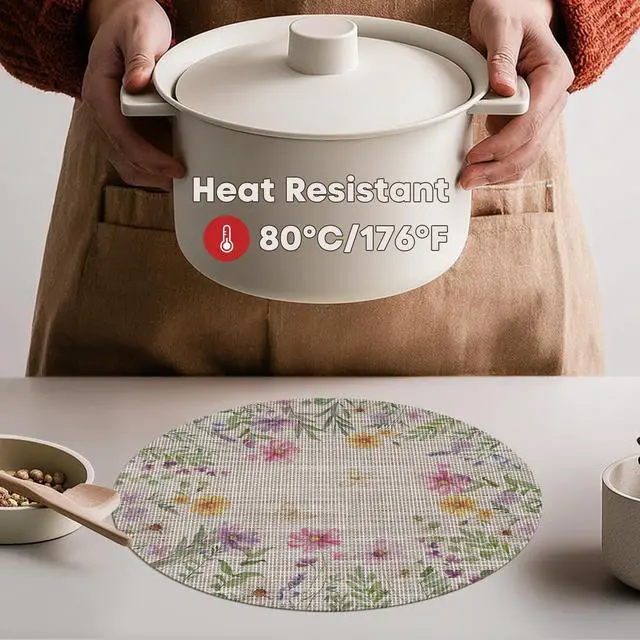 Alt view image 3 of 7 - Artoid Mode Daisy Butterfly Wild Flower Spring Round Placemats Set of 4, 15 Inch Seasonal Holiday Table Mats for Party Kitchen Dining Decoration