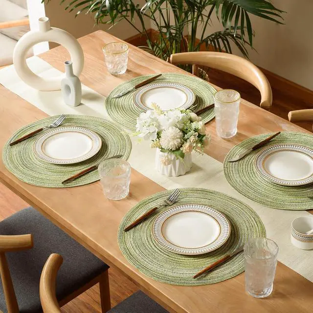Alt view image 6 of 7 - FunWheat Round Braided Placemats Set of 4 Place mats for Dining Tables Woven Heat Resistant Table Mats 15 inch (E Light Green, 4pcs)
