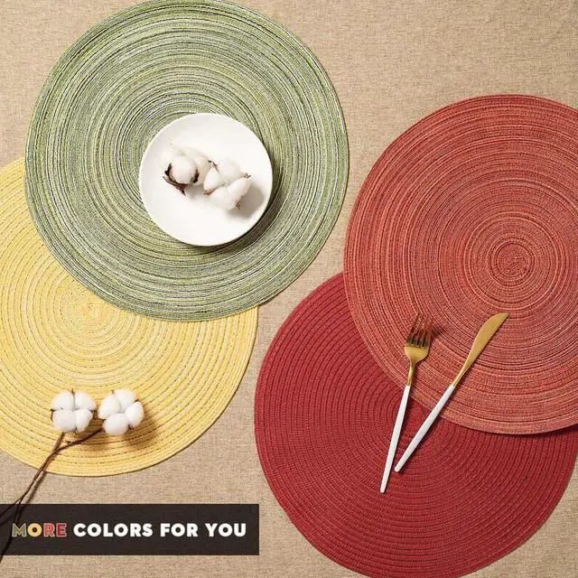 Alt view image 7 of 7 - FunWheat Round Braided Placemats Set of 4 Place mats for Dining Tables Woven Heat Resistant Table Mats 15 inch (E Light Green, 4pcs)