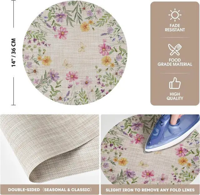Alt view image 6 of 7 - Artoid Mode Daisy Butterfly Wild Flower Spring Round Placemats Set of 4, 15 Inch Seasonal Holiday Table Mats for Party Kitchen Dining Decoration